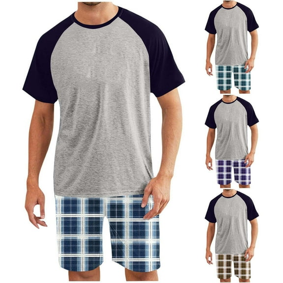 Agkizg Fall Men's Short Sleeve Pajama Sets,Cotton Pajamas for Men Set,Short Sleeve Sleep Tee and Sleepwear Shorts 2 Piece Loungewear Set Soft Comfy Nightwear