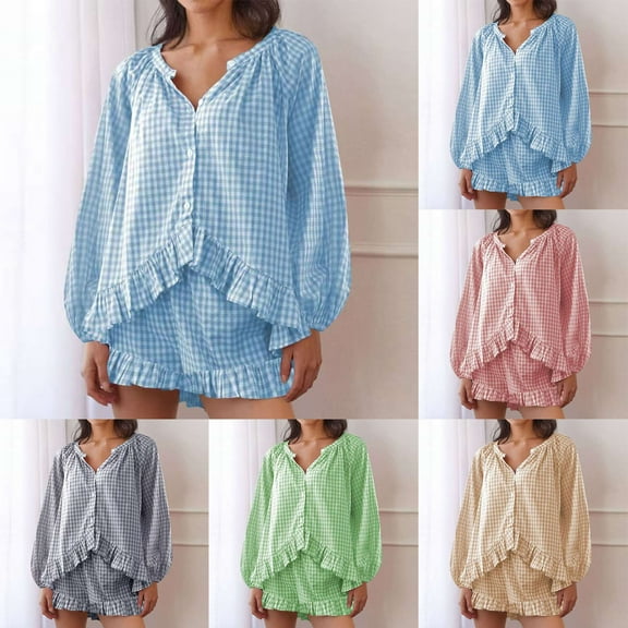 Agkizg Fall Women's Long Sleeve Pajama Sets,Cotton Pajamas for Women Set,Long Sleeve Sleep Tops and Sleepwear Shorts 2 Piece Loungewear Set Soft Comfy Nightwear