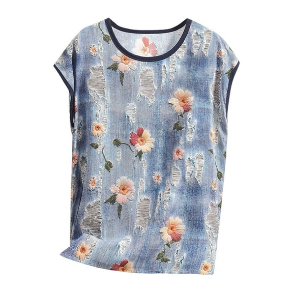 Agkizg Fall Women's Short Sleeves Pajama Tops,Women's Cotton Sleepwear T-Shirt,Print Round Neck Sleeveless Loose T-shirt Home Wear Pajama Tops