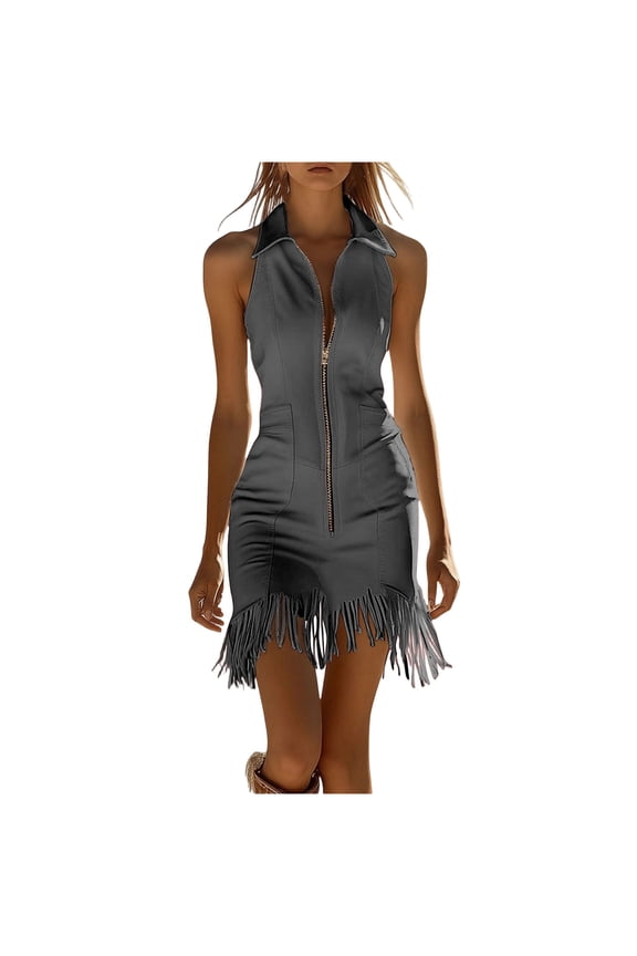 Faux Suedes Fringe Dress Sleeveless Notched Collar Western Casual Summer Flowy Midi Dress (Women's or Women's Plus),Sizes XXL