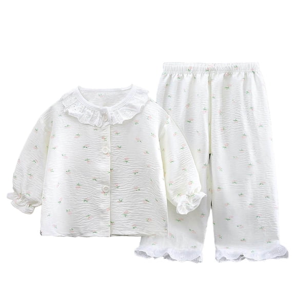 Agkizg Girls 2 Piece Summer Outfit Set Lace Collar Top and Pants Breathable Matching Set for Big Kids