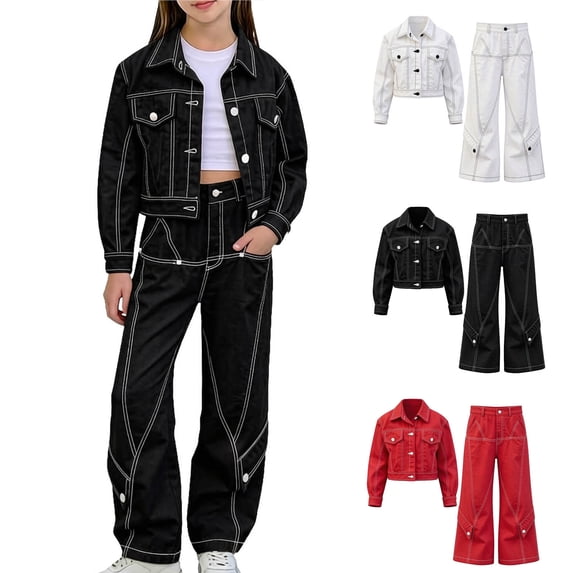 Agkizg Girls 2 Piece Summer Outfit Set Solid Color Long Sleeve Denim Jacket and Wide Leg Jeans Trendy Casual Wear for Big Kids