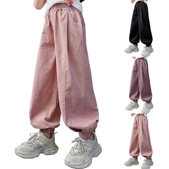 Agkizg Girls Cargo Harems Pants Loose Fitting Elastic Waist Pockets Pants for Casual Wear, Sizes 14-15 Years