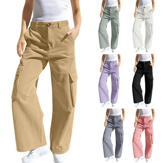 Agkizg Girls Cargo Pants,Girls Wide Leg Pants,Children's Summer Solid Color Leisure Outdoor Sports Elastic Waistband Pocket Work Pants for Kids