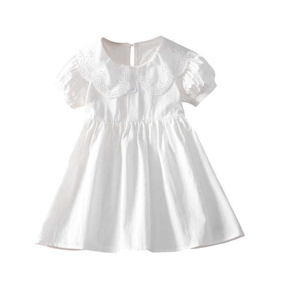 Agkizg Girls Casual Dress Cottons Solid Short Sleeve Petal Collar A-line Princess Dress Comfortable Fitting Dress,Sizes 4-5 Years
