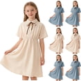 thumbnail image 1 of Agkizg Girls Casual Dress Solid Button-down Collar Bow Ties High Waist School Uniform Style Comfortable Fitting Dress,Sizes 11-12 Years, 1 of 6