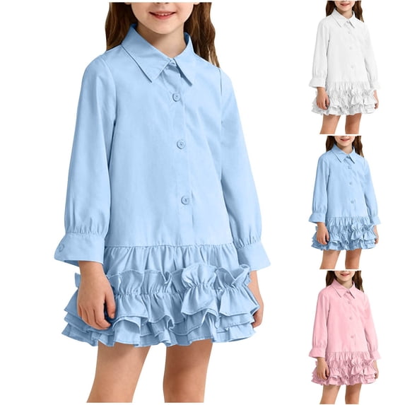 Agkizg Girls Casual Dress Solid Button-down Collar Long Sleeve School Uniform Style Comfortable Fitting Dress,Sizes 1-2 Years