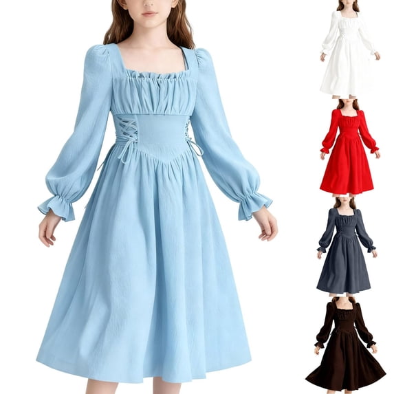 Agkizg Girls Casual Dress Solid Long Sleeve Round Neck Waist Midi Dress Comfortable Fitting Dress,Sizes 12-13 Years