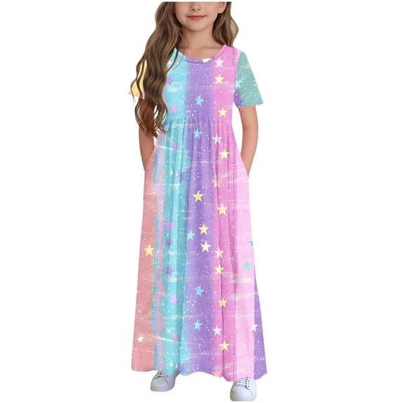 Agkizg Girls Casual Dress Solid Short Sleeve Round Neck Pocket Pleated Waist Maxi Dress Comfortable Fitting Dress,Sizes 6-7 Years