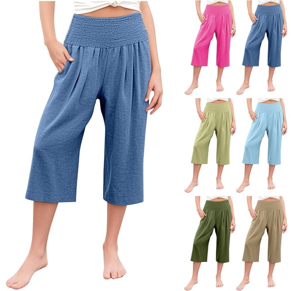 Agkizg Girls Casual Pants,Girls Wide Leg Pants,Pants Casual Smocked High Waist Pant Loose Wide Leg Trousers Cropped Pants 4-14 Years