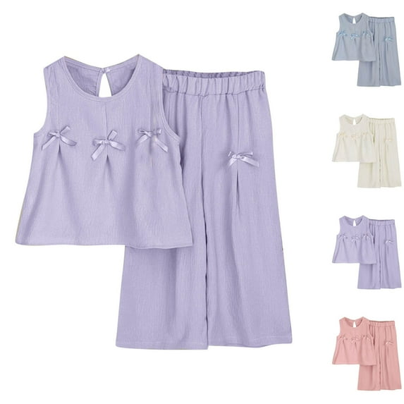 Agkizg 2PC Solid Bow Sleeveless Top Wide Leg Pants Set Fashion Summer Outfits (Toddler Girl's or Girl's),2-Piece Set,Sizes 5-16 Years