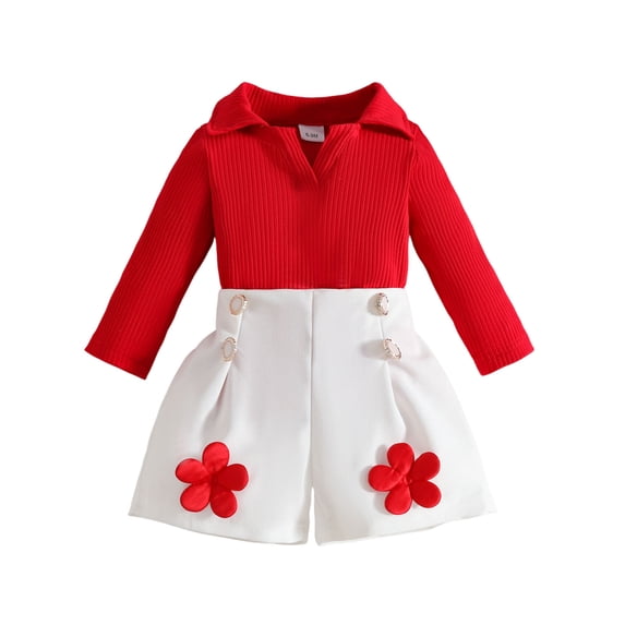 Agkizg 2PC Long Sleeve V-Neck Knit Top Applique Button Shorts Set Casual Outfits (Toddler Girl's or Girl's),2-Piece Set