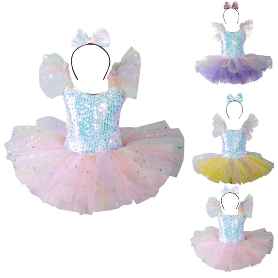 Agkizg Girls Dance Dress Sequins Sleeveless V-Neck Mesh Tiered Tutus Performance Gown Comfortable Fitting Dress,Sizes 3-4 Years