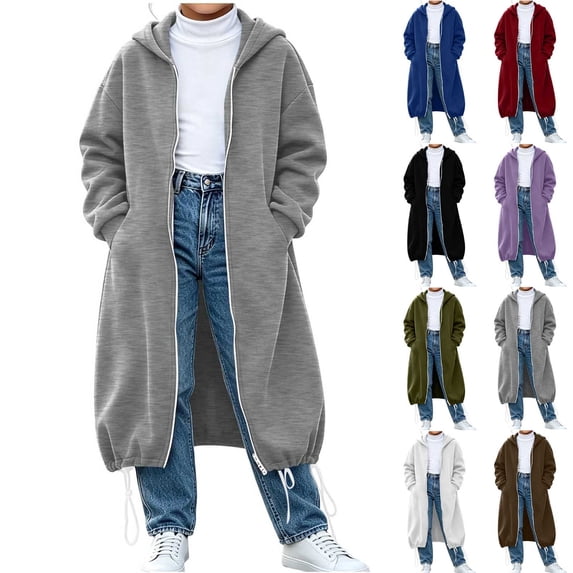 Agkizg Girls Double Zip Mid Length Coat Hooded Winter Overcoat with Pockets Solid Color Warm Casual Outerwear