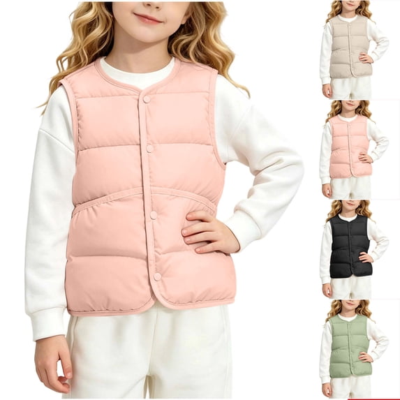 Agkizg Girls Fall Quilted Vests Sleeveless Warm Puffer Jacket with Pockets Solid Color Casual Outerwear