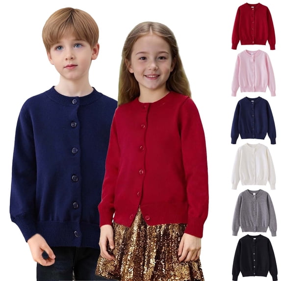 Agkizg Girls Fall Solid Color Crewneck Cardigan Sweater, Long Sleeve Knit Casual Jacket for School and Daily Wear, Sizes 4-5 Years