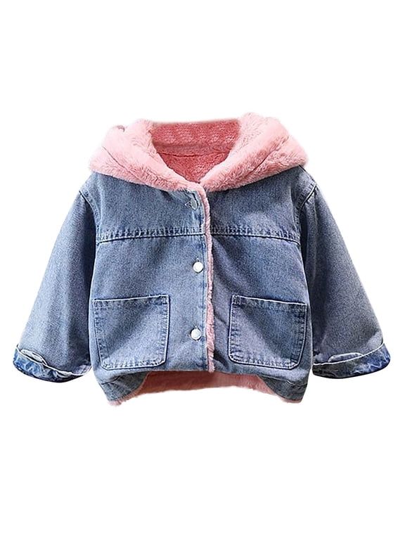 Girls Furry Denim Jacket with Hood Bow Detail Long Sleeve Fall Winter Coat Cute Casual Outerwear