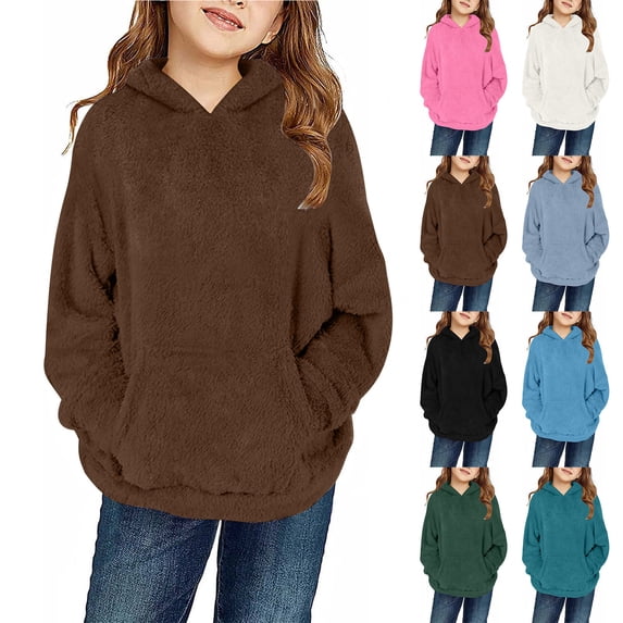Agkizg Girls Hooded Plushed Sweatshirt Long Sleeve Winter Top with Pockets Solid Color Warm Casual Outerwear