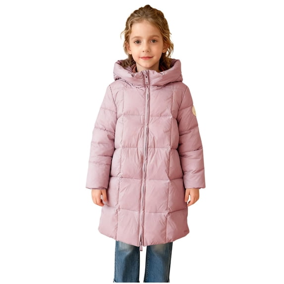 Agkizg Girls Long Hooded Down Coat Thick Warm Winter Puffer Jacket with Pockets Solid Color Casual Outerwear for