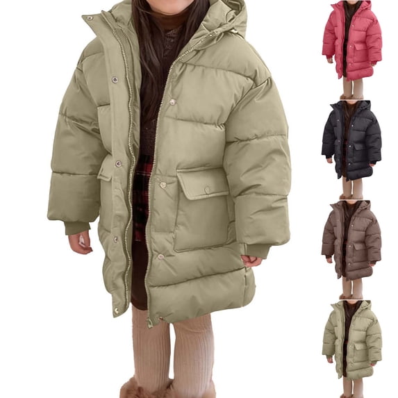 Agkizg Girls Mid Length Hooded Down Coat Thick Windproof Winter Puffer Jacket with Pockets Solid Color Warm Outerwear