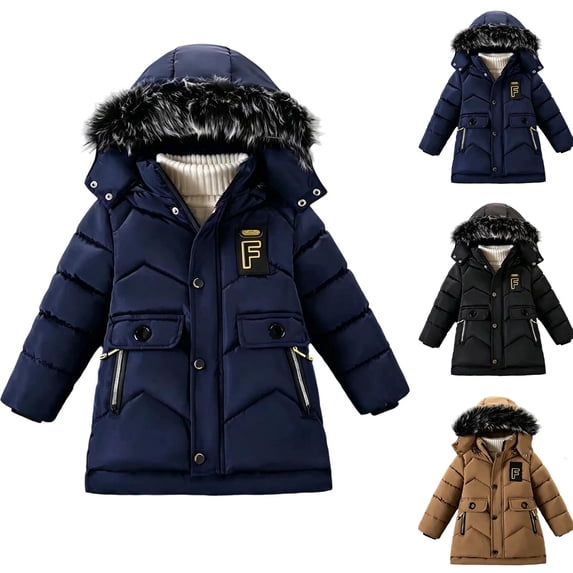 Agkizg Girls Mid Length Hooded Puffer Coat Thick Fleece Lined Winter Jacket with Big Faux Furs Hood Hem Solid Color Warm Outerwear