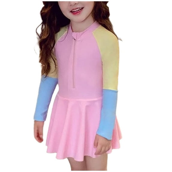 Agkizg Girls One-Piece Rashes Guard Swimsuit Color Blocked Long Sleeve Sun Protection Swim Dress for Kids Youth Teens