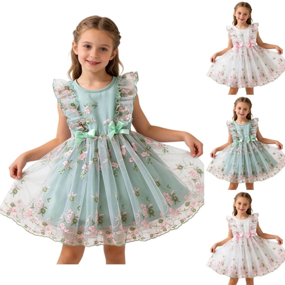 Agkizg Girls Party Dress Floral Embroidered Ruffle Sleeve Mesh Bow Princess Gown Comfortable Fitting Dress,Sizes 7-8 Years