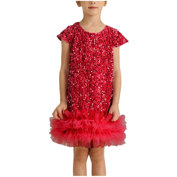 Agkizg Girls Party Dress Sequins Solid Fitted Mesh Hem Performance Dance Party Gown Comfortable Fitting Dress,Sizes 6-7 Years