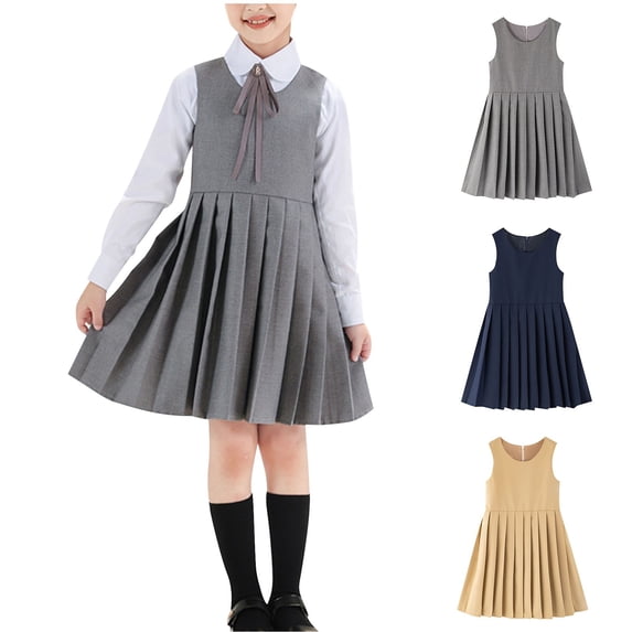 Agkizg Girls Performance Dress Solid Sleeveless Round Neck Pleated Skirt School Uniform Style Comfortable Fitting Dress,Sizes 11-12 Years
