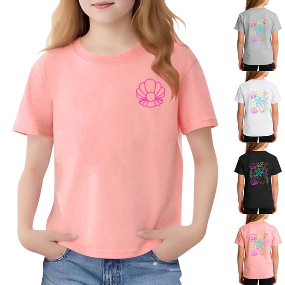 Agkizg Girls Print T-Shirt Short Sleeve Crewneck Top for Kids Casual Summer Tee, Sizes 6-7 Years