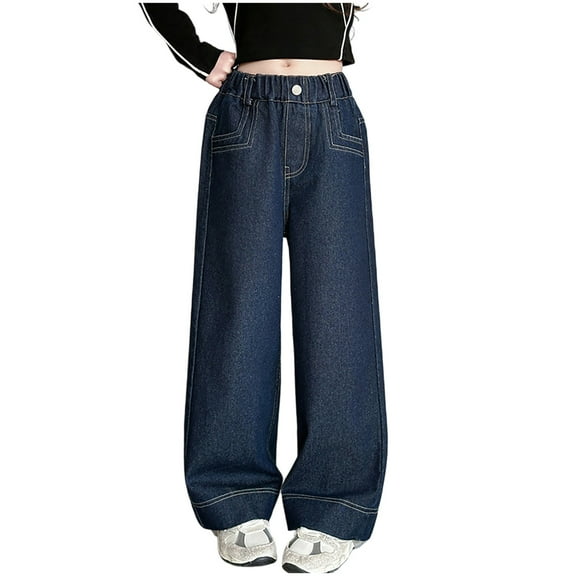 Agkizg Girls Pull-On Jeans,Girls Straight Leg Denim Pants,5-15Years Girls' Casual Versatile Solid Color High Waisted Loose Straight Leg Denim Pants