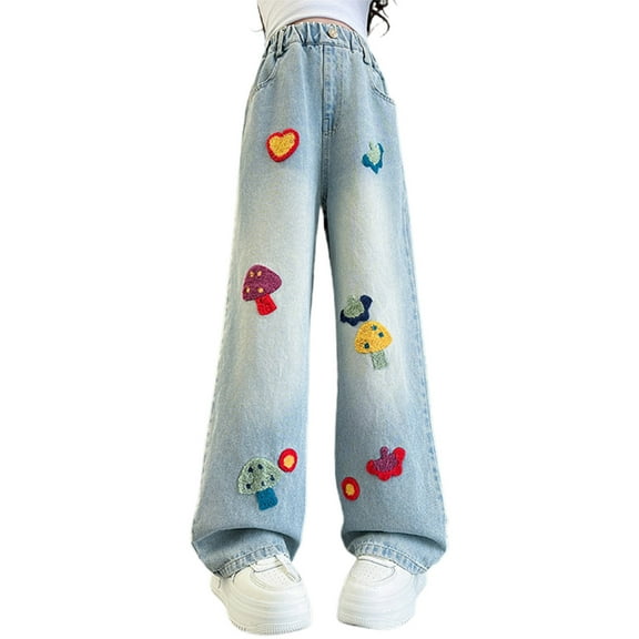 Agkizg Girls Pull-On Jeans,Girls Wide Leg Denim Pants,3-14 Years Children's Fashion Embroidered High Waist Loose Pocket Wide Leg Cowboy Pants