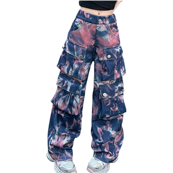 Agkizg Girls Pull-On Jeans,Girls Wide Leg Denim Pants,5-16 Years Girls' Fashion Irregular Color Wide Leg Workwear Denim Pants