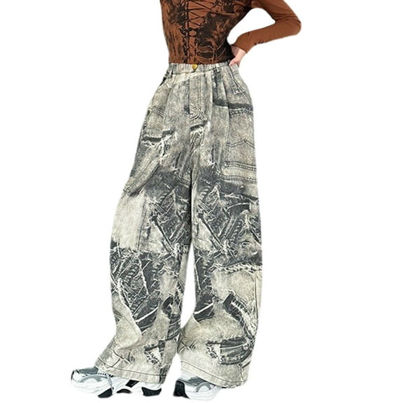 Agkizg Girls Pull-On Jeans,Girls Wide Leg Denim Pants,5-16 Years Girls' Fashion Paper Pants Printed Wide Leg Denim Pants