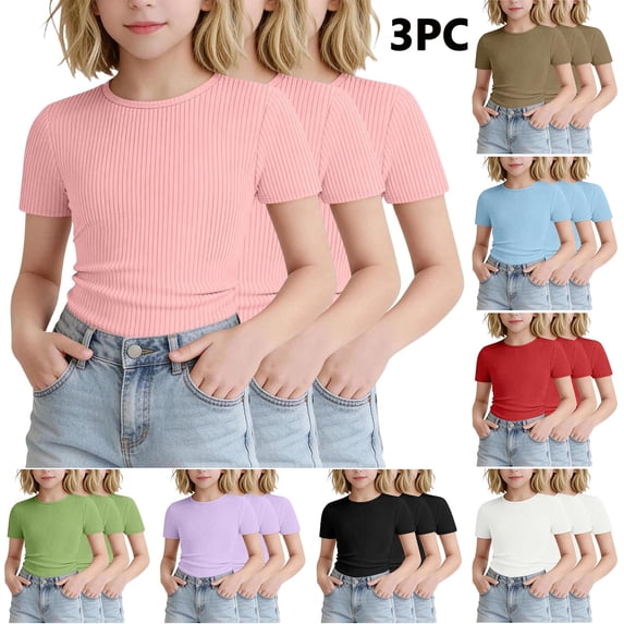Agkizg Girls Ribbed T-Shirts 3 Pack Solid Lace Trims Short Sleeve Crewneck Top for Kids Slim Fitting Summer Tee, Sizes 7-8 Years