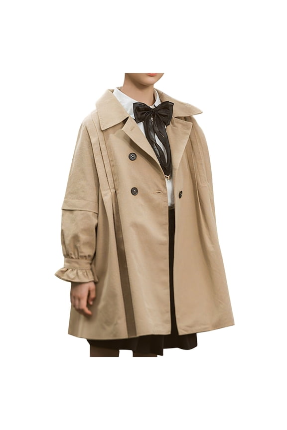 Girls Ruffle Flare Sleeve Trench Coat Mid-Length Lapel Button Front Fall Outerwear
