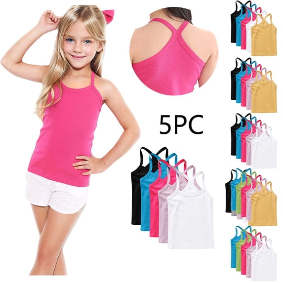 Agkizg Girls School Uniform Undershirts 5-Pack, Cotton Camisole Sleeveless Crew Neck Solid Soft Breathable Basic Tank Tops, Sizes 12 Months-13 Years