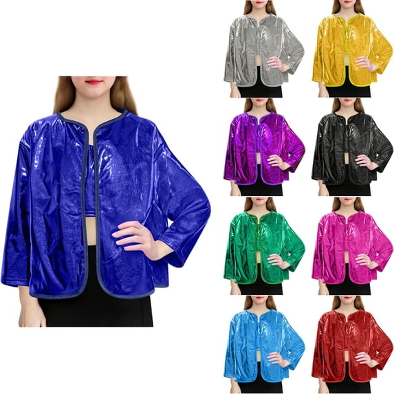 Agkizg Girls Sequin Sparkly Jacket Long Sleeve Open Front Performance Dance Solid Color Top
