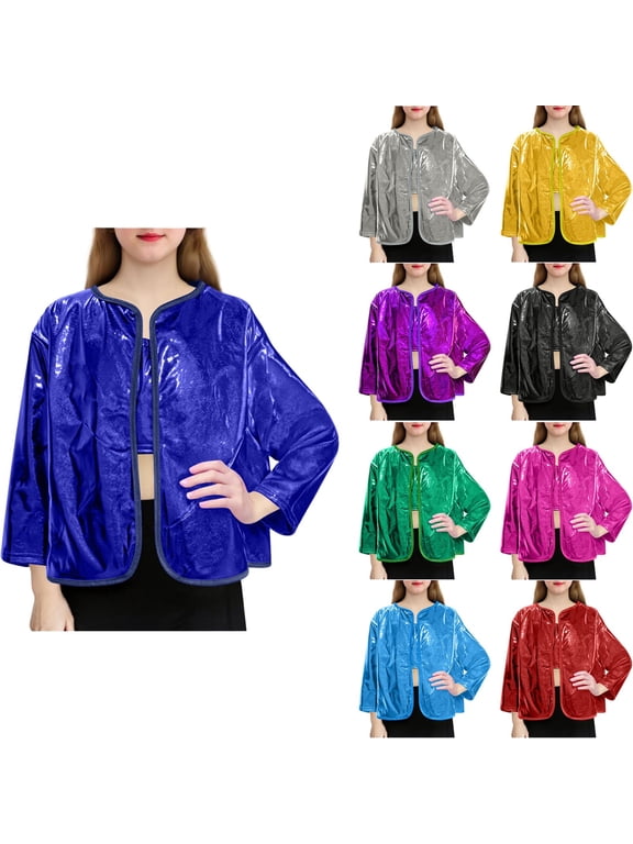 Girls Sequin Sparkly Jacket Long Sleeve Open Front Performance Dance Solid Color Top