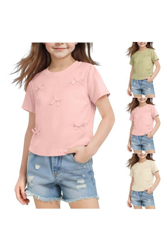 Girls Short Sleeve Crewneck T-Shirt Solid Bow Print Top for Kids Cute Casual Tee, Sizes 9-10 Years