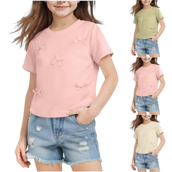 Agkizg Girls Short Sleeve Crewneck T-Shirt Solid Bow Print Top for Kids Cute Casual Tee, Sizes 9-10 Years