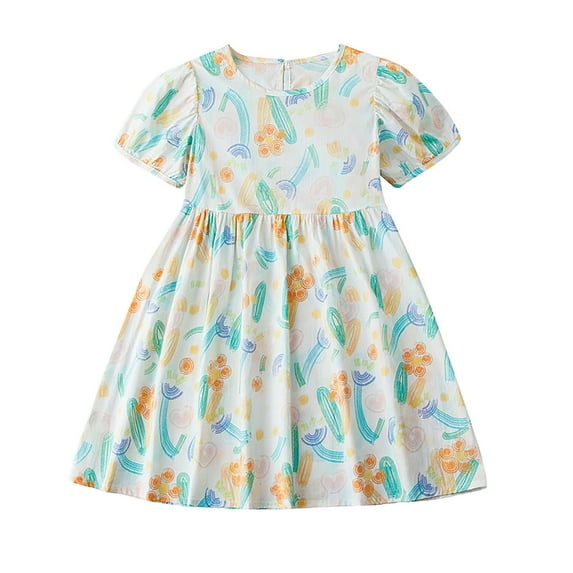 Agkizg Girls Short Sleeve Dresses Crewneck Floral Print Casual A Line Flower Girl Sundress Dresses
