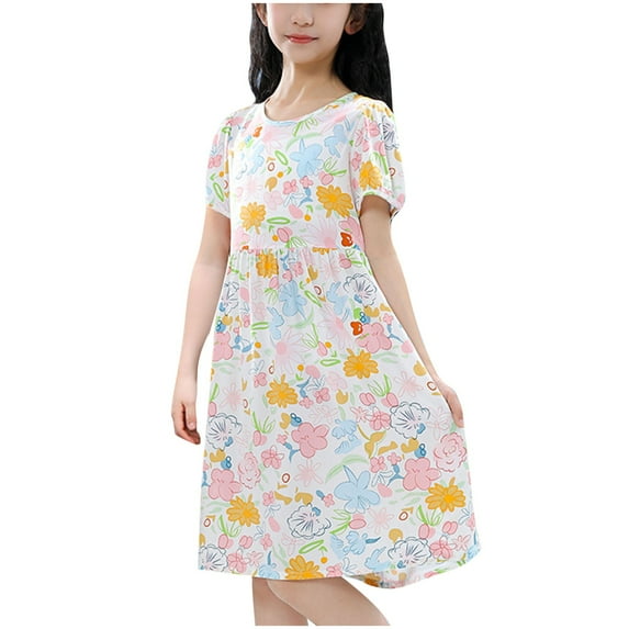 Agkizg Girls Short Sleeve Dresses Crewneck Flower Print Casual A Line Flower Girl Sundress Dresses