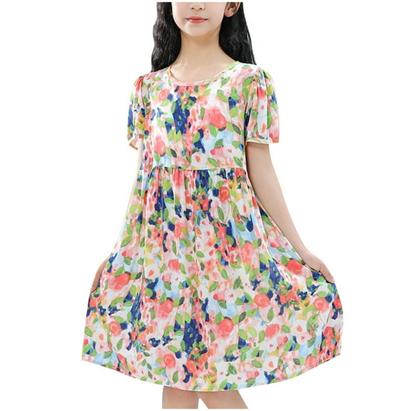 Agkizg Girls Short Sleeve Dresses Crewneck Flower Print Casual A Line Flower Girl Sundress Dresses