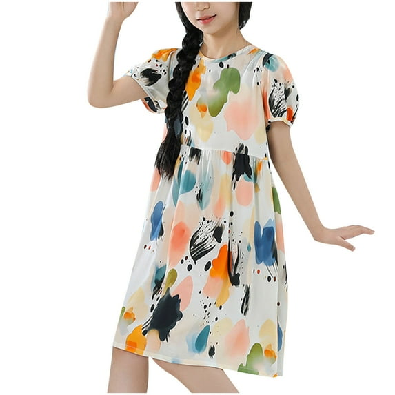 Agkizg Girls Short Sleeve Dresses Crewneck Flower Print Casual A Line Flower Girl Sundress Dresses