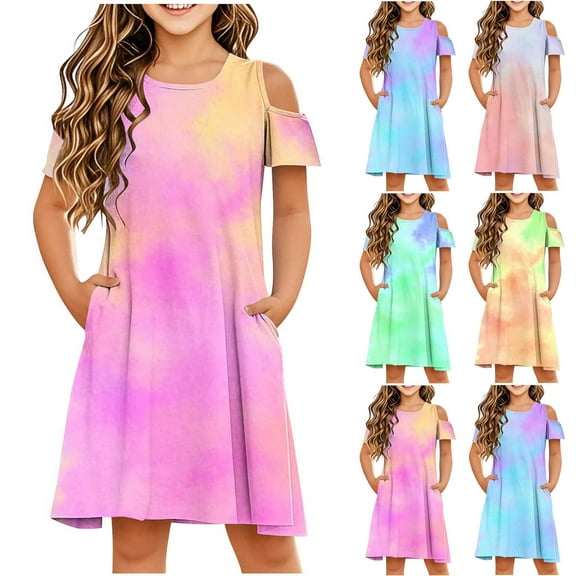Agkizg Girls Short Sleeve Dresses Crewneck Gradient Printing Casual A Line Cottons Girl Sundress Dresses