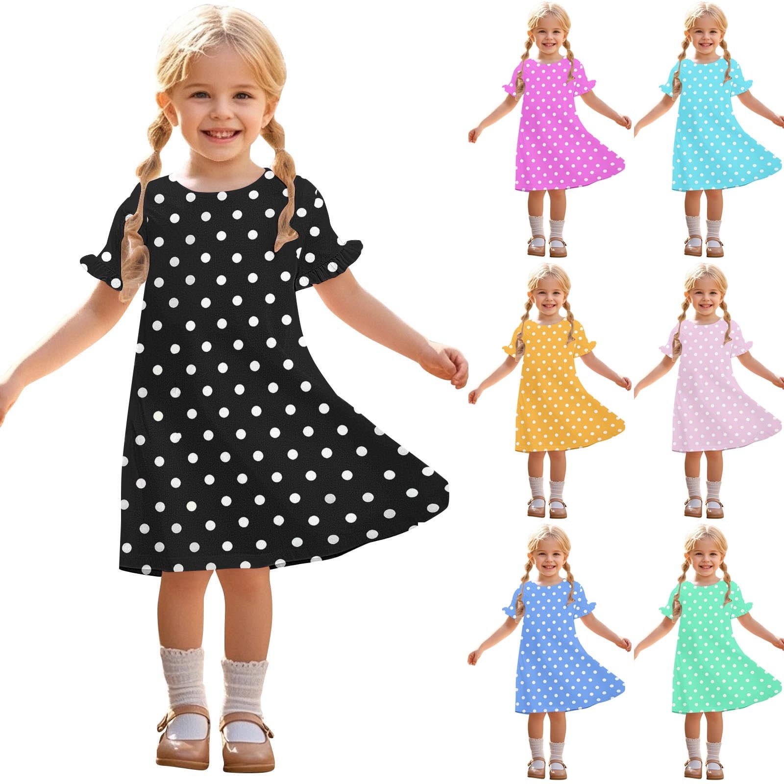 Agkizg Girls Short Sleeve Dresses Crewneck Solid Color Casual A Line ...