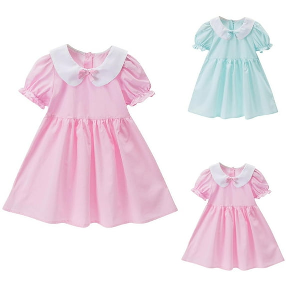 Agkizg Girls Short Sleeve Dresses Crewneck Solid Color Casual A Line Cottons Girl Sundress Dresses