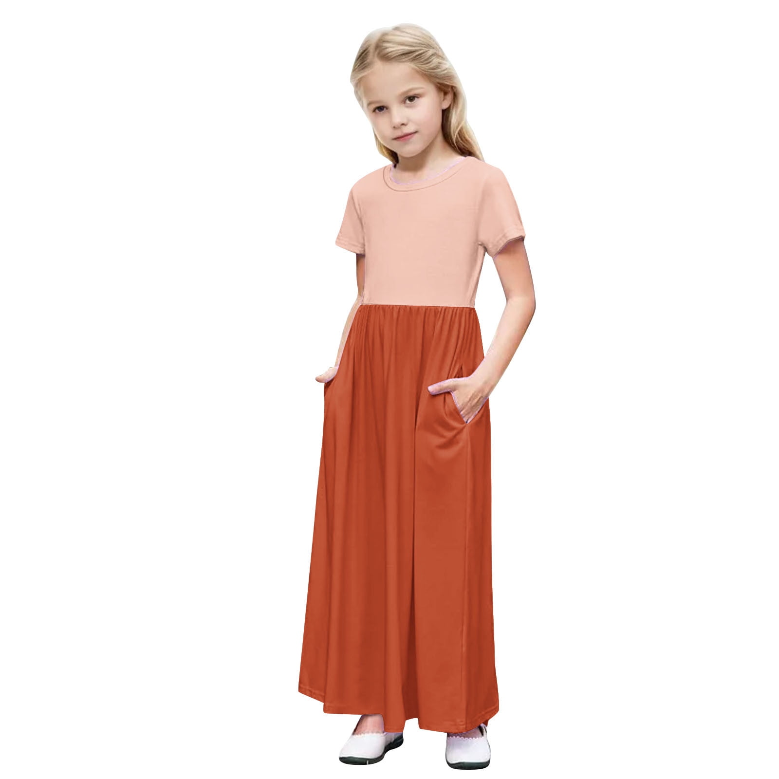 Agkizg Girls Short Sleeve Dresses Crewneck Solid Color Casual A Line ...