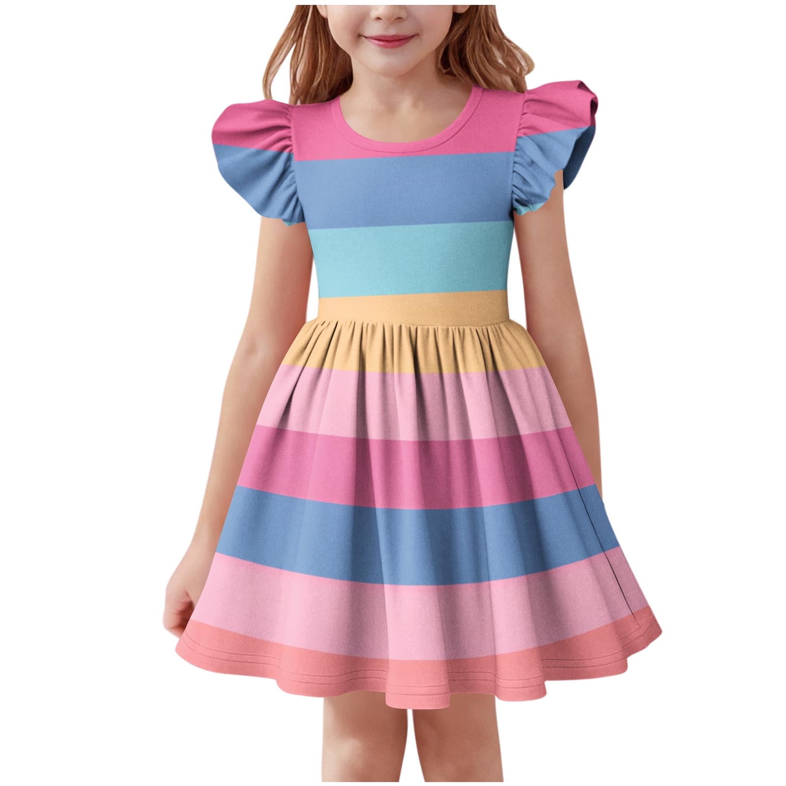 Agkizg Girls Short Sleeve Dresses Crewneck Stripe Print Casual A Line ...